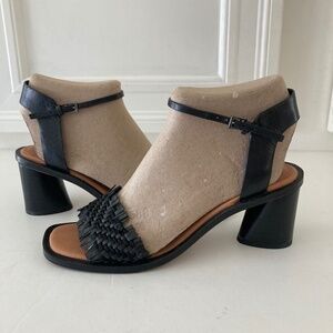 NWOT Sarto Anthropologie Raffia Black Leather Heels Sz 39.5